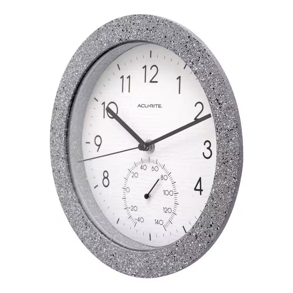 10" Faux Concrete Gray Speckled Matte Finish Clock Therm