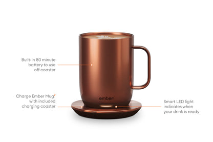 Temperature Control Smart Mug 2, 14 Oz, Copper, up to 1.5-Hr Battery Life - App Controlled Heated Coffee/Tea Mug - Improved Design