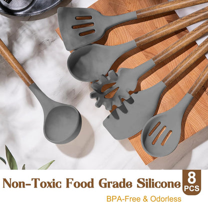 Silicone Cooking Utensil Set, 8-Piece Kitchen Utensils Set with Natural Acacia Wooden Handles,Food-Grade Silicone Heads-Silicone Kitchen Gadgets and Spatula Set for Nonstick Cookware - Grey