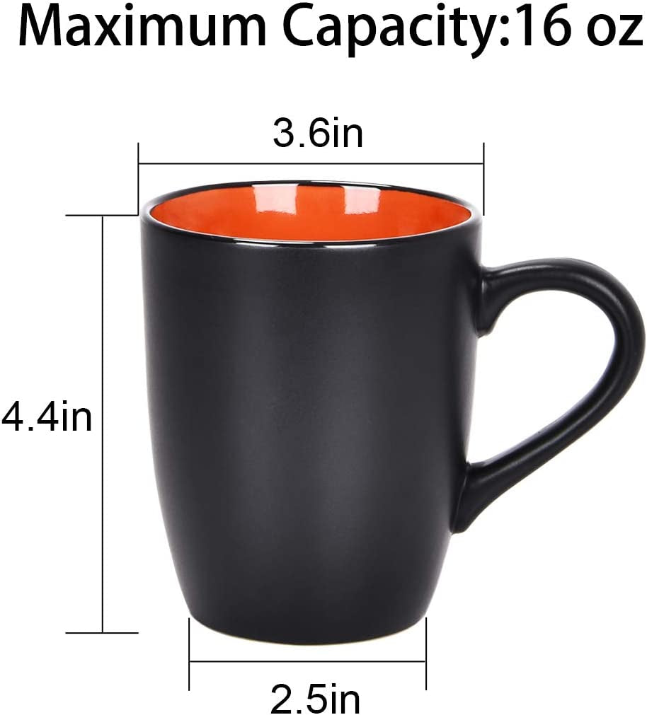 Set of 6 Coffee Mug Sets, 16 Ounce Ceramic Coffee Mugs Restaurant Coffee Mug, Large-Sized Black Coffee Mugs Set Perfect for Coffee, Cappuccino, Tea, Cocoa, Cereal, Black outside and Colorful Inside