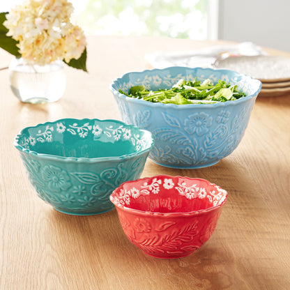 3Pc Embossed Stoneware Serve Bowl Set