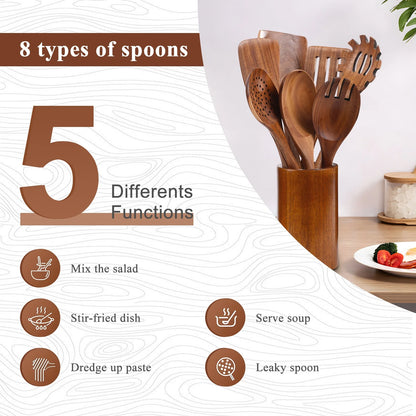 Wooden Spoons for Cooking, 8 PCS Non-Stick Wooden Utensils, Teak Wood Cooking Utensil Set, Wood Spoon Set for Kitchen Essentials, Sturdy, Heat Resistant