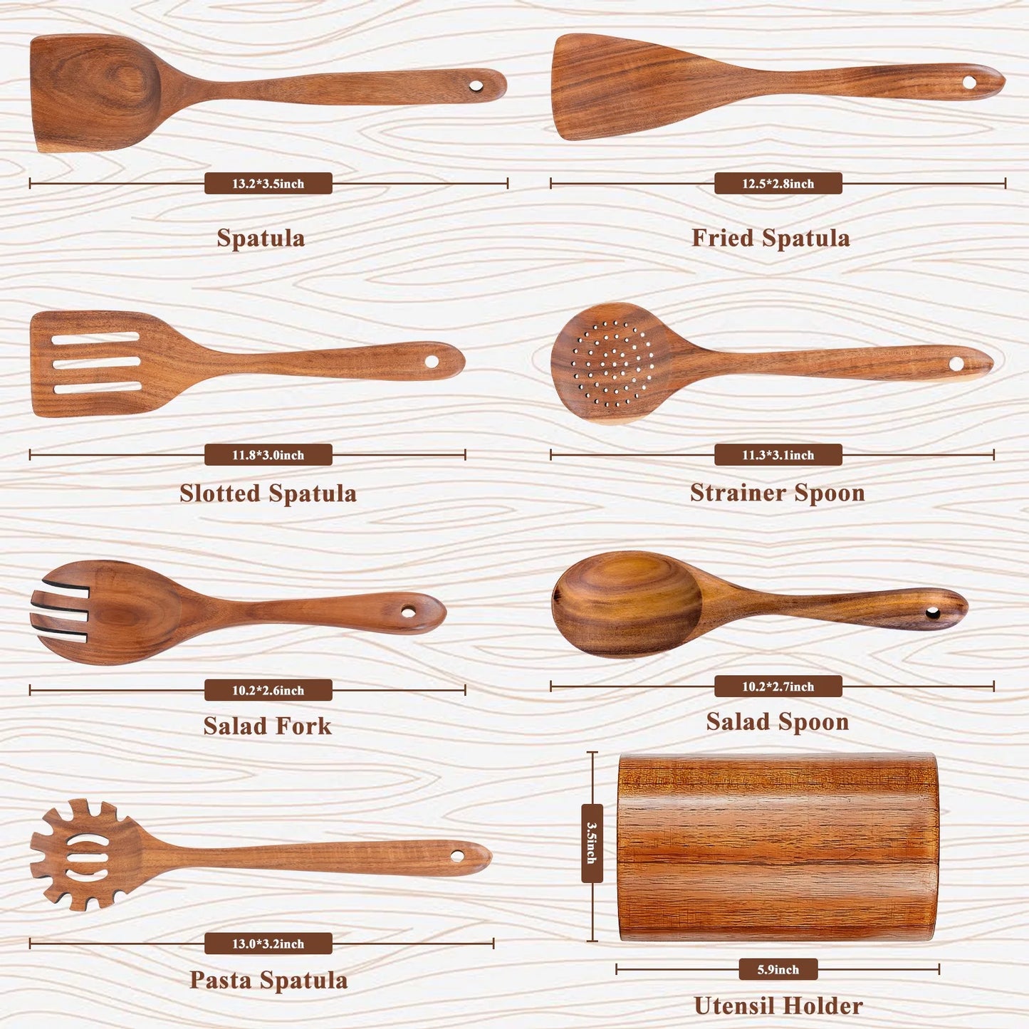 Wooden Spoons for Cooking, 8 PCS Non-Stick Wooden Utensils, Teak Wood Cooking Utensil Set, Wood Spoon Set for Kitchen Essentials, Sturdy, Heat Resistant