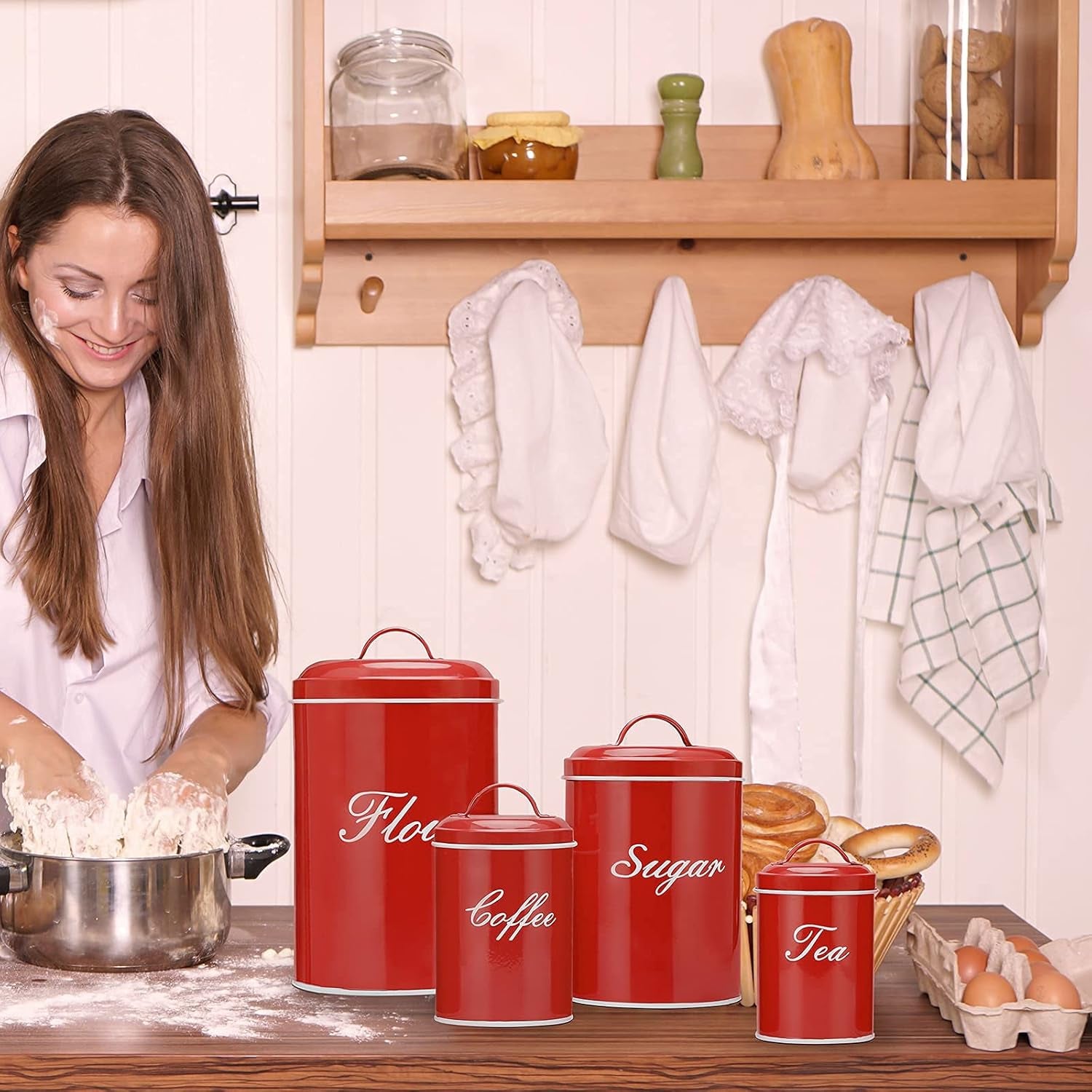 Canister Sets for Kitchen Counter, Flour and Coffee Containers, Vintage Farmhouse Design Food Storage Container with a Removable Lid, 4 Pack (Red)