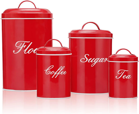 Canister Sets for Kitchen Counter, Flour and Coffee Containers, Vintage Farmhouse Design Food Storage Container with a Removable Lid, 4 Pack (Red)