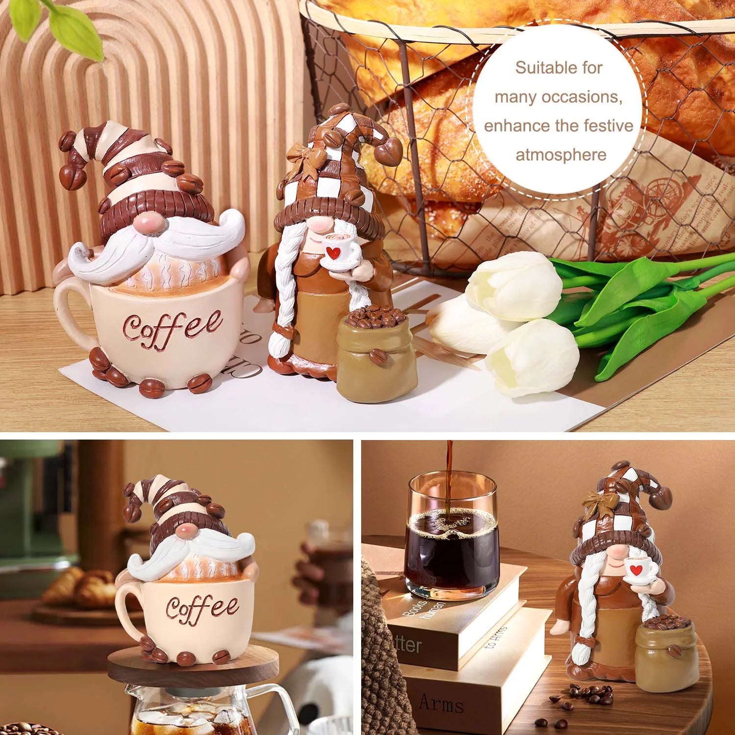 2 Pack Coffee Gnomes, Coffee Bar Decor Accessories, Christmas Resin Gnome Figurines Tiered Tray Collectible Tabletop Kitchen Decorations